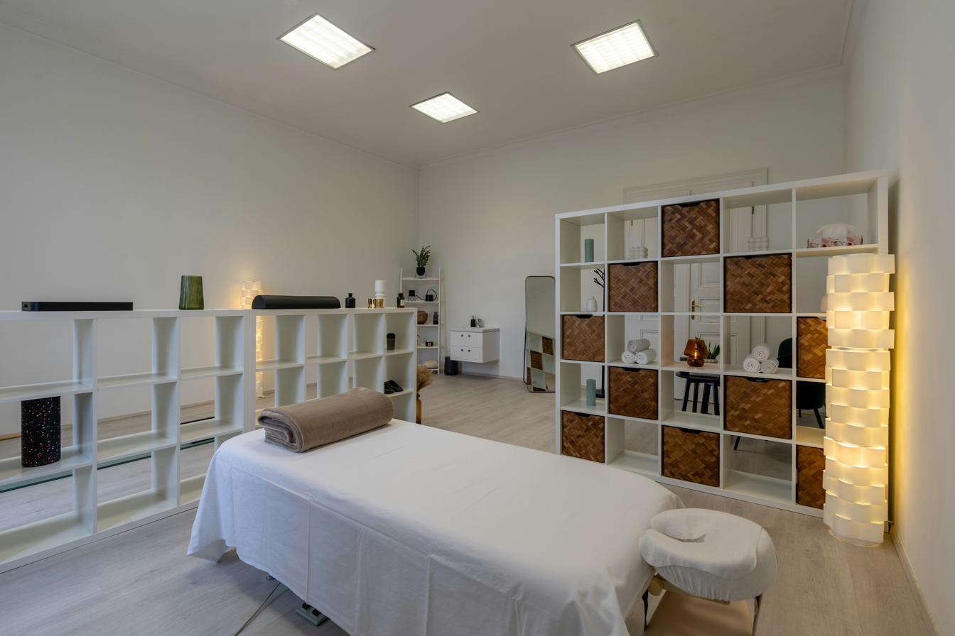 Luxury wellness clinic reception desk minimal clean